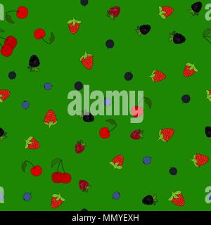 abstract vector doodle berry chaotic seamless pattern on green background Stock Vector
