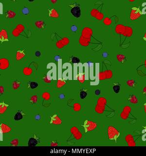 abstract vector doodle berry chaotic seamless pattern on green background Stock Vector
