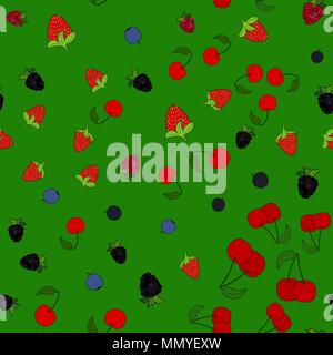 abstract vector doodle berry chaotic seamless pattern on green background Stock Vector