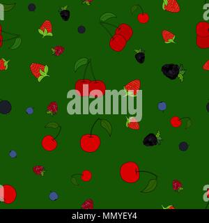 abstract vector doodle berry chaotic seamless pattern on green background Stock Vector