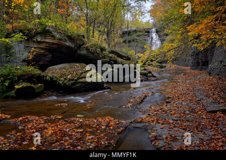 The majestic Brandywine Falls in Cuyahoga Valley National Park Ohio.  A beautiful 65-foot drop. Seen here from the stream bed in autumn. Stock Photo