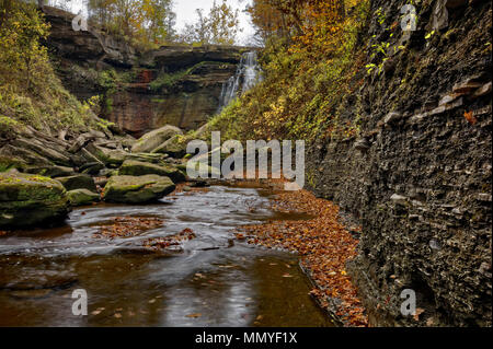 The majestic Brandywine Falls in Cuyahoga Valley National Park Ohio.  A beautiful 65-foot drop. Seen here from the stream bed in autumn. Stock Photo