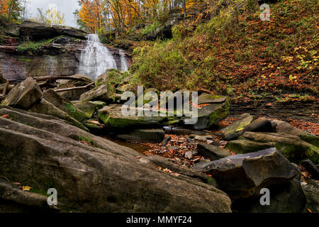 The majestic Brandywine Falls in Cuyahoga Valley National Park Ohio.  A beautiful 65-foot drop. Seen here from the stream bed in autumn. Stock Photo