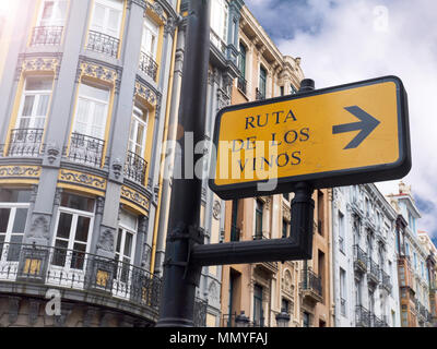 OVIEDO, SPAIN - May 14, 2017:  Wine route sign designate wine bars and restaurants area in the city center, Oviedo, Spain. Stock Photo