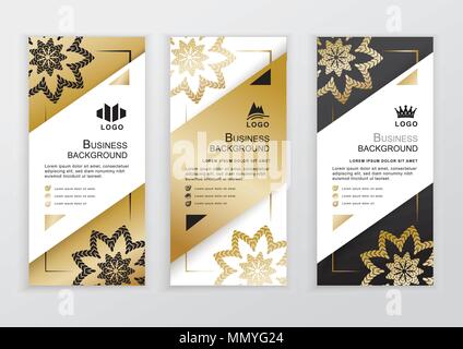 Vertical business gold black white banners. Ornamental flower elements on white background. Set of abstract banners Stock Vector