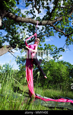Young aerialist in an outdoor environment with pink silk hanging from a tree in summertime Sweden. Stock Photo