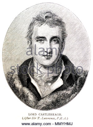 Lord Castlereagh, Robert Stewart, 2nd Marquess of Londonderry,  1769 – 1822, was an Irish/British statesman. As British Foreign Secretary, from 1812 he was central to the management of the coalition that defeated Napoleon and was the principal British diplomat at the Congress of Vienna, antique illustration from 1898 Stock Photo