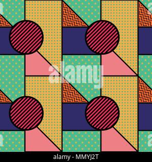 Seamless pattern in Memphis style. Abstract vector backgrounds with geometric ornaments in the style of 80-90. Stock Vector