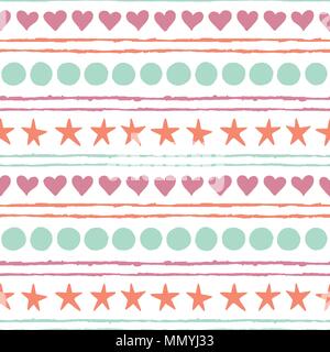 Seamless pattern. Colored hand drawn stars, circles, hearts and strips isolated on a white background. Stock Vector