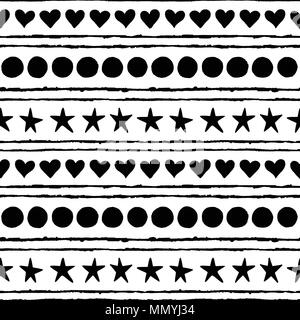 Seamless pattern. Hand drawn stars, circles, hearts and strips isolated on a white background. Stock Vector