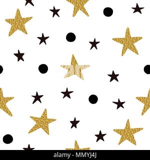 Seamless pattern with black and golden stars with black dots and isolated on a white background. Stock Vector