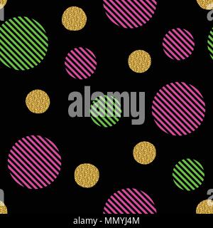 Seamless pattern with golden glitter circles and colored stripes circles on a black background. It can be used for printing on fabric, design, wrappin Stock Vector