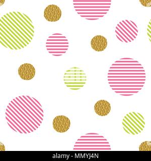 Seamless pattern with golden glitter circles and colored stripes circles isolated on a white background. Stock Vector