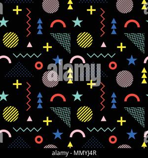 Seamless pattern in Memphis style. Abstract vector backgrounds with geometric ornaments in the style of 80-90. Colored geometric shapes on a black bac Stock Vector