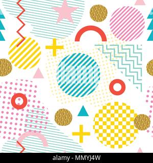 Seamless pattern in Memphis style. Abstract vector backgrounds with geometric ornaments in the style of 80-90. Colored geometric shapes isolated on a  Stock Vector