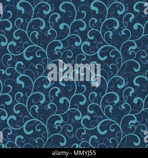Seamless pattern of swirls on a dark blue background. Sea style. Ideal for textile and wallpapers. Stock Vector