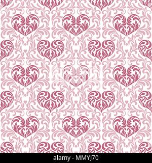 Seamless pattern. Pink hearts made in swirls, leaves and floral elements on a floral background Stock Vector