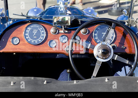 Vintage car wooden dashboard with retro gauges. Indications for Stock