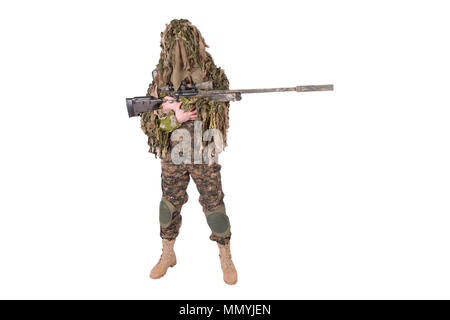 Camouflaged woman sniper in ghillie suit posing with rifle in foggy night.  Special Weapons and Woman Concept Stock Photo - Alamy