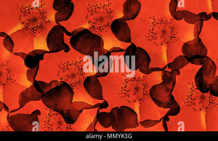 Digital background art of floral / flower pattern made with photo collage technique. Red is used dominantly. Stock Photo