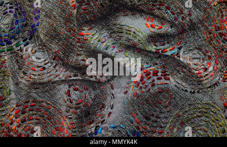 Digital background art of fabric / textile with colorful dotted circles made with photo collage technique. Stock Photo