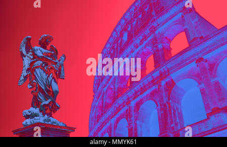 Digital art of Colosseum and statue / sculpture made with photo collage technique. Violet and red colors are dominantly used to give vibrant feeling. Stock Photo