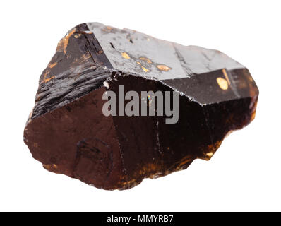 macro shooting of natural rock specimen - crystalline Cassiterite (Tin ore) stone isolated on white background from Pravourmiyskoe deposit in Khabarov Stock Photo