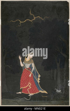 . English: Abhisarika Nayika ('The Heroine Going to Meet Her Lover at an Appointed Place'). Opaque watercolour and gold on paper. One of the paintings in the Ross-Coomaraswamy collection at MFA. Description from the MFA website: 'Night scene: a woman walks between two groups of trees. She looks down over her shoulder at a golden anklet, which has apparently just fallen off. Several snakes appear at her feet, including one which has wrapped itself around the base of a tree at the right. Above there is a multi-forked bolt of lightning. Attribution to Mola Ram of Garhwal was made by a descendant  Stock Photo