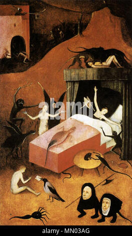 . Fragment of the right wing of a triptych depicting the Last Judgment. For a fragement of the left wing, see File:Jheronimus Bosch Paradise.jpg. For a similar triptych which has been preserved completely, see File:Bosch follower Last Judgment Triptych (Maeterlinck).jpg.  Hell (fragment of a Last Judgment).. circa 1500 (1490-1510). Hieronymus Bosch - Last Judgment (fragment of Hell) - WGA02578 Stock Photo