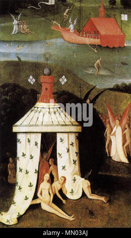 . Fragment of the left wing of a triptych depicting the Last Judgment. For a fragement of the right wing, see File:Hieronymus Bosch - Last Judgment (fragment of Hell) - WGA02578.jpg. For a similar triptych which has been preserved completely, see File:Bosch follower Last Judgment Triptych (Maeterlinck).jpg.  Terrestrial Paradise (fragment of a Last Judgment).. circa 1500 (1490-1510). Hieronymus Bosch - Last Judgment (fragment of Paradise) - WGA02577 Stock Photo