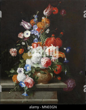 English: Roses, tulips, morning glory and other flowers in an urn on a stone ledge . between 1636 and 1679. Hieronymus Galle - Roses, tulips, morning glory and other flowers in an urn on a stone ledge Stock Photo