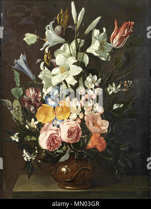 English: Roses, lilies, tulips and other flowers in an earthenware vase on a table-top . 1630s. Hieronymus Galle - Roses, lilies, tulips and other flowers in an earthenware vase on a table-top Stock Photo