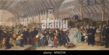 . The Railway Station. Engraving by Francis Holl after William Powell Frith. Mixed media engraving on wove, finished with hand colouring. Published by Henry Graves & Co, London, 1866; 66.0 x 123.0 cm; colorized  . 1866.   William Powell Frith  (1819–1909)     Alternative names W. P. Frith; William Frith; Frith; r.a. w.p. frith; w. frith; W.P. Frith; w.p. frith  Description English painter  Date of birth/death 19 January 1819 9 November 1909  Location of birth/death Aldfield, North Yorkshire, England London  Authority control  : Q955750 VIAF:?77118105 ISNI:?0000 0001 0815 124X ULAN:?500009971 L Stock Photo