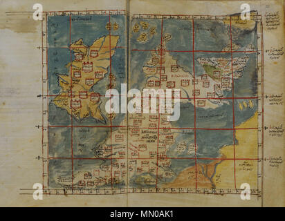 . English: A Greek-language map of Hibernia (Ireland) and Albion (Great Britain) derived from Ptolemy's Geography, probably in the early 14th century at Constantinople (Istanbul), held by the Vatopedi Monastery on Mount Athos prior to its theft and purchase by the British Museum. The map reflects Ptolemy's mistaken placement of Scotland at a right angle to the rest of Britain, apparently derived from his reliance on seafarer's logs. Add 19391 19-20 Stock Photo