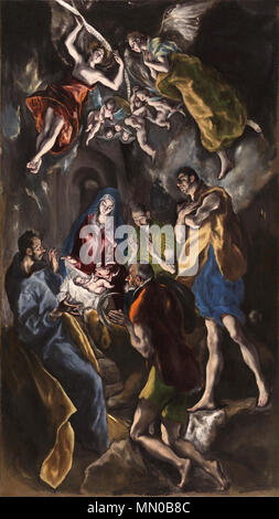 .  Español: La obra representa el momento en que el Niño Jesús fue adorado por los pastores poco después de su nacimiento y en presencia de sus padres.  The Adoration of the Shepherds. between circa 1612 and circa 1614. Adoracion de los Reyes magos1 Stock Photo