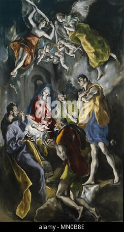 .  Español: La obra representa el momento en que el Niño Jesús fue adorado por los pastores poco después de su nacimiento y en presencia de sus padres.  The Adoration of the Shepherds. between circa 1612 and circa 1614. AdoracionPastoresElGreco2 Stock Photo