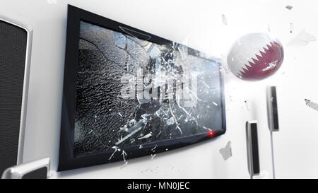 Soccer ball with the flag of Qatar flying through a shattering tv screen.(3D rendering series) Stock Photo