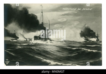 Old German postcard: cruiser SMS Ariadne cuts through the steep waves in stormy sea, accompanied by warships of Imperial Navy,  world war I 1914-1918 Stock Photo