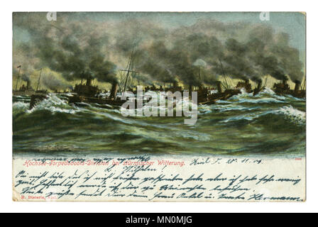Old German postcard: Navy, warships at sea. The maneuvers of the torpedo. Stormy sea. Black smoke from ship's pipes. Kiel, 1905, Germany Stock Photo