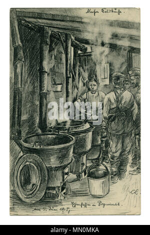 Old German postcard: Black and white pencil drawing: a soldier's kitchen, the men with steel pot stand in line for food. world war I 1914-1918 Germany Stock Photo