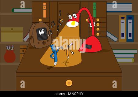 1930 style cartoon characters of a desk lamp, pen, pencil, radio dancing on a desk top with bookcase background. Stock Vector