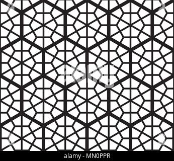 Seamless geometric pattern based on traditional Japanese Kumiko patterns .Grid of hexagons of large thickness. Stock Vector