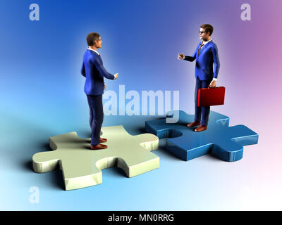 Two businessman having a meeting while standing on some puzzle pieces. Digital illustration. Stock Photo