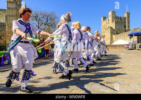 Westrefelda Morris performing in front of Rochester castle at the  annual sweeps festival. Stock Photo