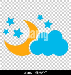 Moon and stars with clouds vector icon in flat style. Nighttime illustration on isolated transparent background. Cloud, moon business concept. Stock Vector