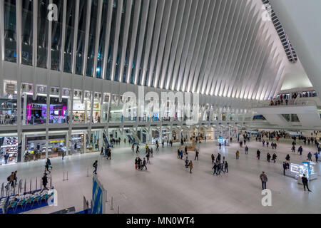 New York, US - March 29, 2018:  The famous Westfield shopping mall at world trade center in New York City