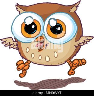 Vector cartoon clip art illustration of a cute and happy owl mascot jumping in the air and hooting. Stock Vector