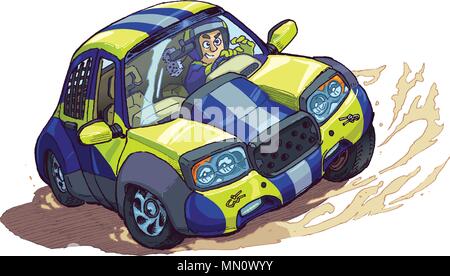 Vector cartoon clip art illustration of a rally car with driver spinning out or drifting or skidding in a race. Elements in separate layers. Stock Vector