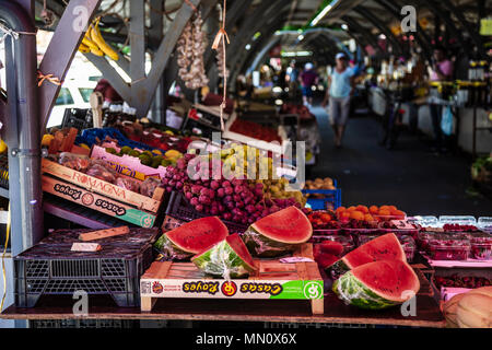 PULA, CROATIA - JUNE 26, 2017. People shopping fruits and vegetables at local marketplace Stock Photo