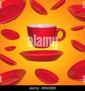 Creative surreal design with a red coffee cup and saucer on a yellow background. A cup and saucers flying in the air. Stock Photo